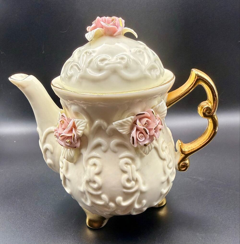 Vintage Cracker Barrel Ivory Porcelain Teapot Pink Roses 10k Gold Trim Victorian